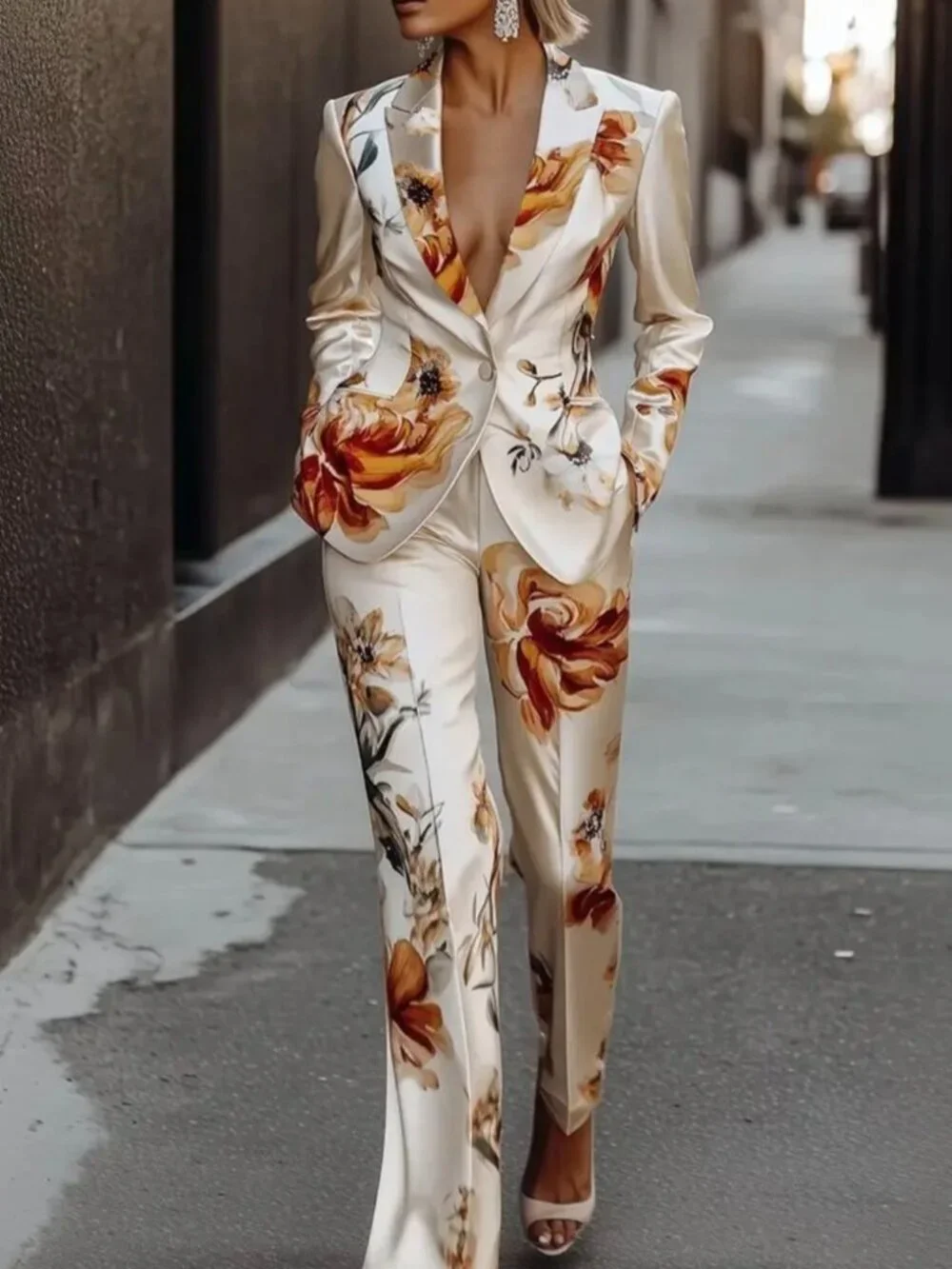 Women'S Suit, Champagne Satin Floral Print Suit Two-Piece Set, Single-Breasted
